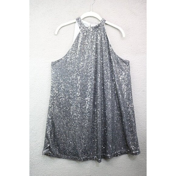 Loft Sleeveless Full Sequin Cutout Back Halter Swing Dress-Size Large-Silver - Picture 1 of 12